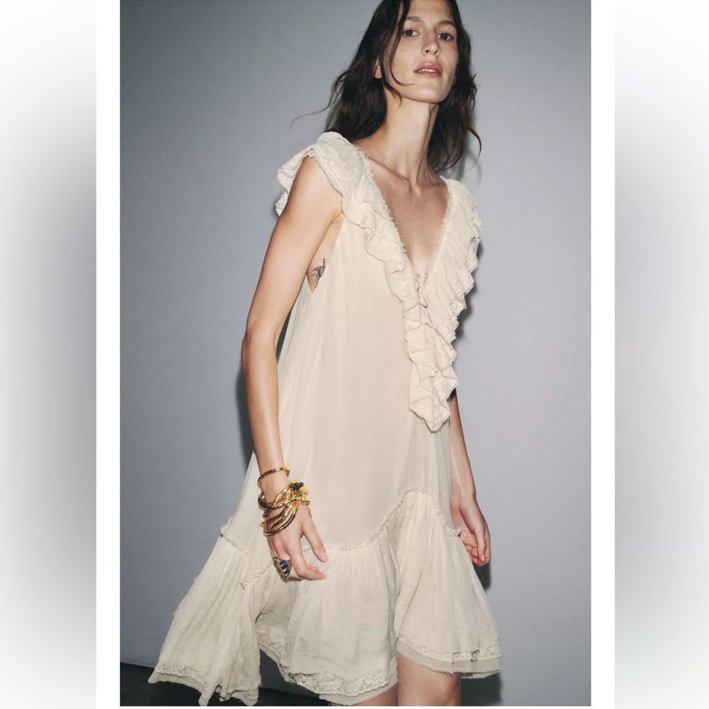 Zara Cream Ruffle V-Neck Midi Dress - Picture 1 of 13